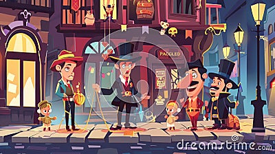 Cartoon character modern illustration of city streets, policemen, robber with stolen gold ring, discouraged puppeteer on Cartoon Illustration
