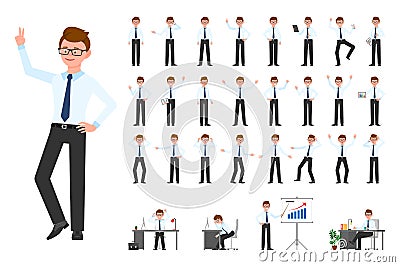 Cartoon character office business man vector. Flat style design glasses human worker guy person poses set on white background Vector Illustration