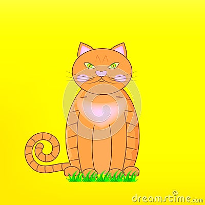 Cartoon character orange British cat on green grass. Red Grumpy British male cat on yellow background. Vector Illustration