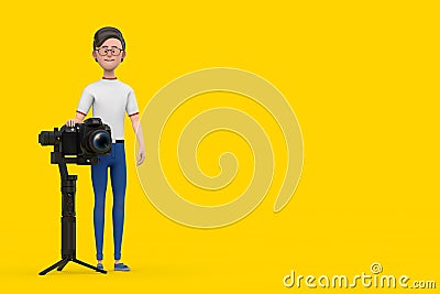 Cartoon Character Person Man with DSLR or Video Camera Gimbal Stabilization Tripod System. 3d Rendering Stock Photo
