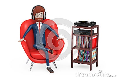 Cartoon Character Person Sits in Red Leather Relax Chair and Listens Music in Headphones near Turntable Vinyl Player, Stereo Stock Photo