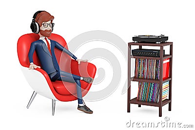 Cartoon Character Person Sits in Red Leather Relax Chair and Listens Music in Headphones near Turntable Vinyl Player, Stereo Stock Photo