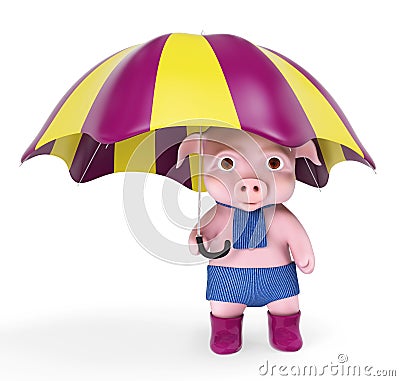 Cartoon character pig holding umbrella 3d rendering Stock Photo