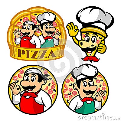 Cartoon character Pizza and chef logo Vector Illustration