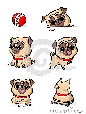 Cartoon character pug dog poses. Cute Pet dog in the flat style. Set dogs. Cute dog of pug breed. Vector collection of Vector Illustration