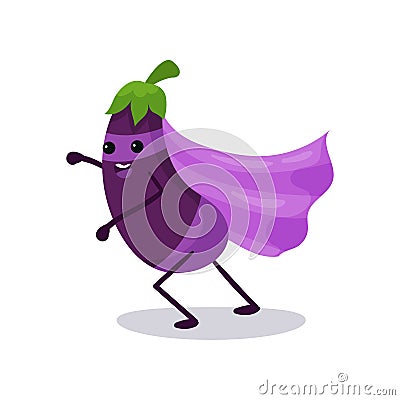Cartoon character of purple eggplant in classic superhero costume, powerful fantastic vegetable Vector Illustration