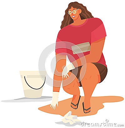 Cartoon character is removing paper from sand. Girl collect garbage and waste on contaminated areas Vector Illustration