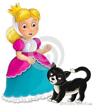 Cartoon character - royal princess cheerful standing and smiling with happy black cat isolated illustration for children Cartoon Illustration