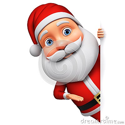 Cartoon character Santa Claus points hand at the empty board. 3d rendering. Illustration for advertising Stock Photo