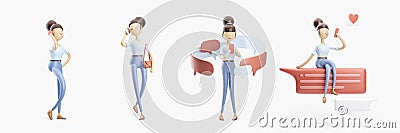 Cartoon character is sending a message and talking on the phone. set of 3d illustrations Cartoon Illustration