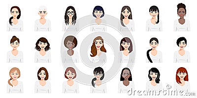 Cartoon character with a set of cute girls with different hairstyles vector Vector Illustration