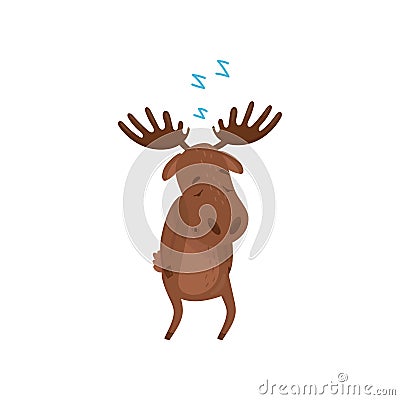 Cartoon character of sleepwalker moose. Wild forest animal. Brown Eurasian elk with large branched horns. Flat vector Vector Illustration