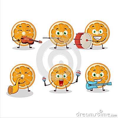 Cartoon character of slice of tangerine playing some musical instruments Vector Illustration
