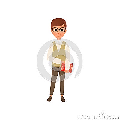 Cartoon character of smart teen boy in glasses holding book Vector Illustration