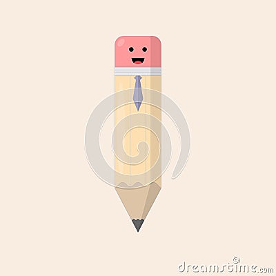 Cartoon character of a smiling pencil with a tie. Illustration for business, children`s books and studies. Vector Illustration