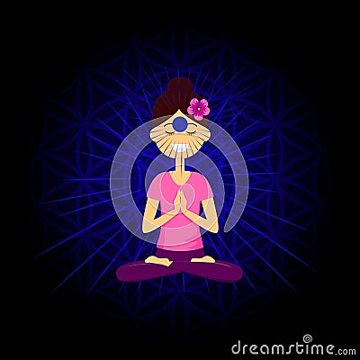 Cartoon character smiling woman is sitting in lotus position with namaste hands. Ajna chakra activation. Vector Illustration