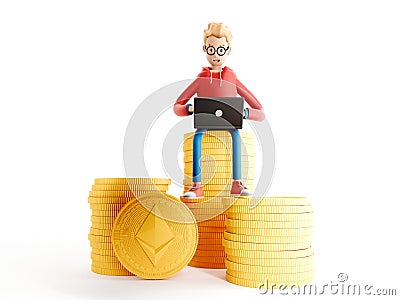 Cartoon character standing next to a large ethereum coin. Happy man do ethereum mining. Blockchain and cryptocurrency Cartoon Illustration