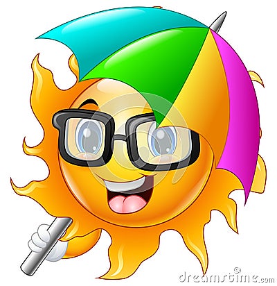 Cartoon Character of sun in sunglasses with umbrella Vector Illustration