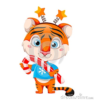 Cartoon character tiger holding big candy cane Vector Illustration