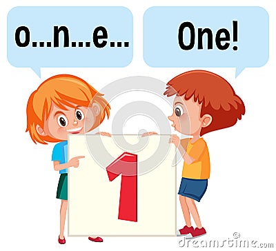 Cartoon character of two kids spelling the number one Vector Illustration