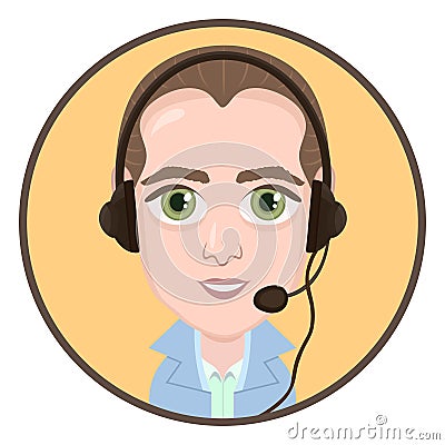 Cartoon character, vector drawing portrait boy call center operator, icon, sticker. Man with big eyes with a headset, headphones a Vector Illustration