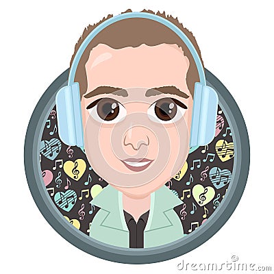 Cartoon character, vector drawing portrait boy in headphones listening to music, smile icon, sticker. Guy big brown eyes in round Vector Illustration