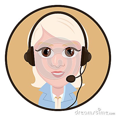 Cartoon character, vector drawing portrait girl call center operator, icon, sticker. Woman blonde with big eyes with a headset, he Vector Illustration