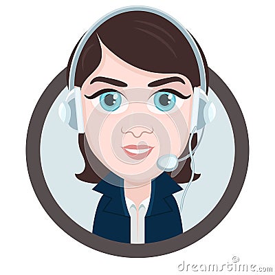 Cartoon character, vector drawing portrait girl call center operator, icon, sticker. Woman brunette with big eyes with a headset, Vector Illustration