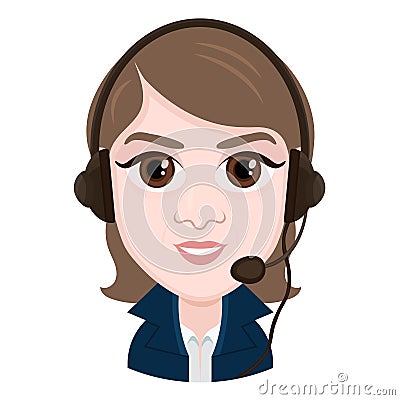 Cartoon character, vector drawing portrait girl call center operator, smile emotion, icon, sticker. Woman with big brown eyes with Vector Illustration
