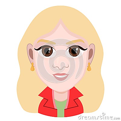 Cartoon character, vector drawing portrait girl, female smile facial emotion, woman avatar, icon, sticker. Cute girl blonde with b Vector Illustration