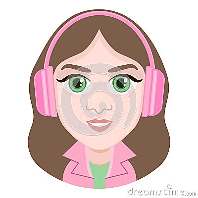 Cartoon character, vector drawing portrait girl in headphones listen to music, smile emotion, icon, sticker. Woman brunette big gr Vector Illustration