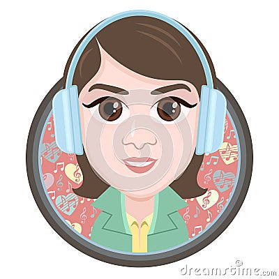 Cartoon character, vector drawing portrait girl in headphones listening to music, smile icon, sticker. Woman big brown eyes in rou Vector Illustration