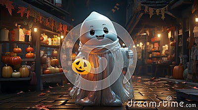 A cartoon character wearing a ghost garment holding a pumpkin Stock Photo