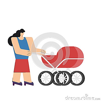 Cartoon character woman with baby cart baby stroller waiting queue up for boarding airplane or check in Vector Illustration