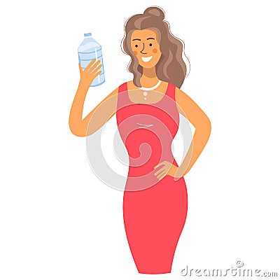 Cartoon character of a woman with a bottle of water.Funny lady in a bright red dress is holding a bottle of water to Stock Photo