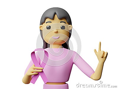 Cartoon character woman hand holding cancer pink ribbon over and pointing finger isolated on white background ,3d render Stock Photo