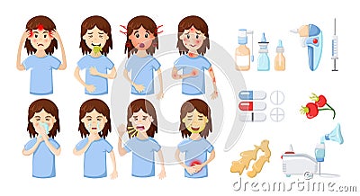 Character woman infographics with allergy symptoms and medications for treatment Vector Illustration