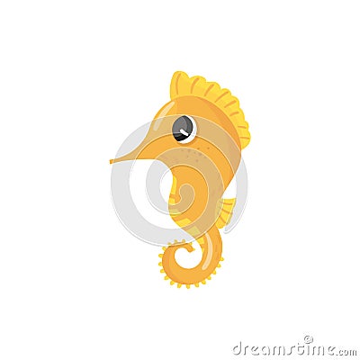 Cartoon character of yellow seahorse. Tropical sea creature. Small marine fish with curled tail. Concept of ocean Vector Illustration