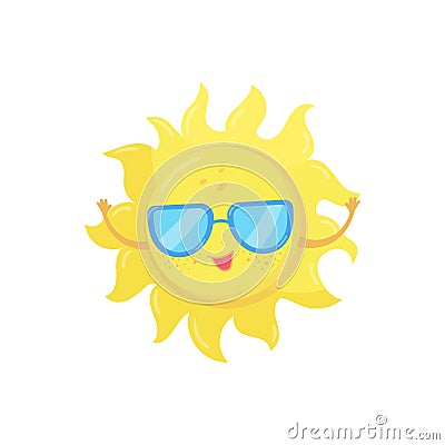 Cartoon character of yellow sun in sunglasses. Funny weather and sky element. Flat vector design for mobile app, t-shirt Vector Illustration