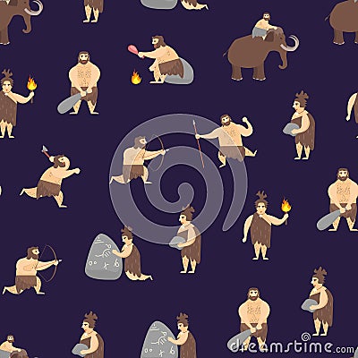 Cartoon Characters Caveman Cute People Seamless Pattern Background. Vector Vector Illustration