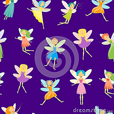 Cartoon Characters Fairies Seamless Pattern Background. Vector Vector Illustration