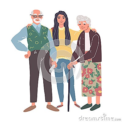 Cartoon characters of grandparents with cute granddaughter Vector Illustration