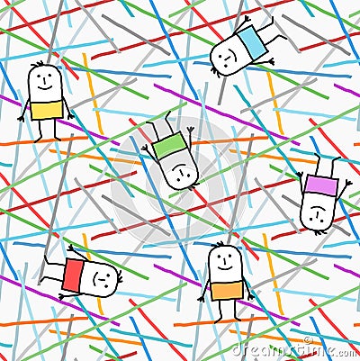 Cartoon characters on graphic lines and colors seamless pattern Vector Illustration