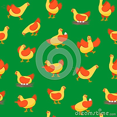 Cartoon Characters Happy Hens Seamless Pattern Background. Vector Vector Illustration