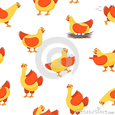 Cartoon Characters Happy Hens Seamless Pattern Background. Vector Vector Illustration