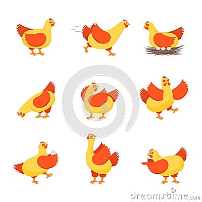 Cartoon Characters Happy Hens Set. Vector Vector Illustration