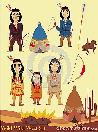 Cartoon characters indian, wild west collection Vector Illustration