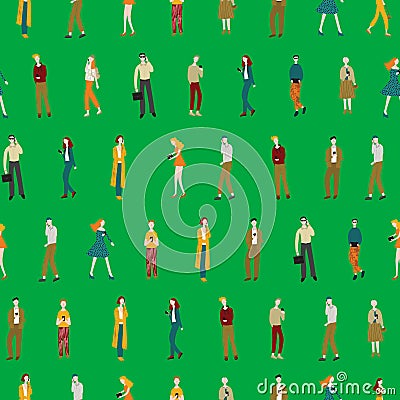 Cartoon Characters Men and Women Holding Smartphones Seamless Pattern Background. Vector Vector Illustration