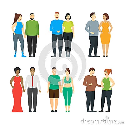 Cartoon Characters People Plus Size Couples Set. Vector Vector Illustration