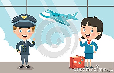 Cartoon Characters Of Pilot And Hostess Vector Illustration
